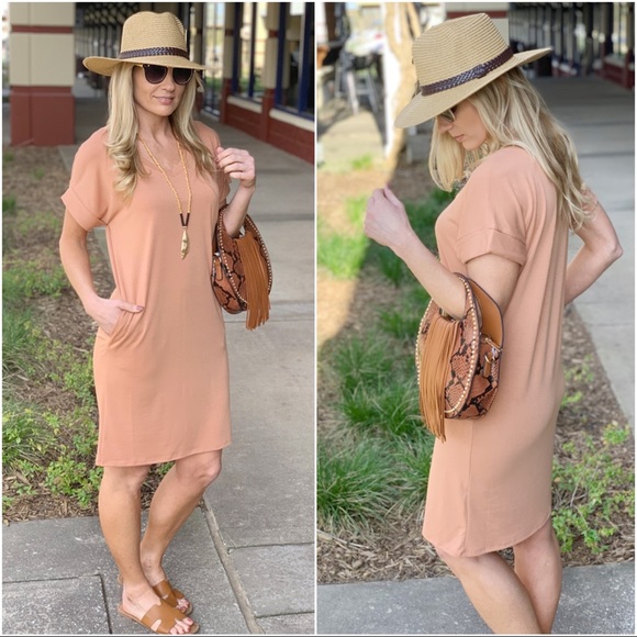 ✨LAST ONE✨Camel Thick T-Shirt Dress with Pockets - Picture 2 of 2